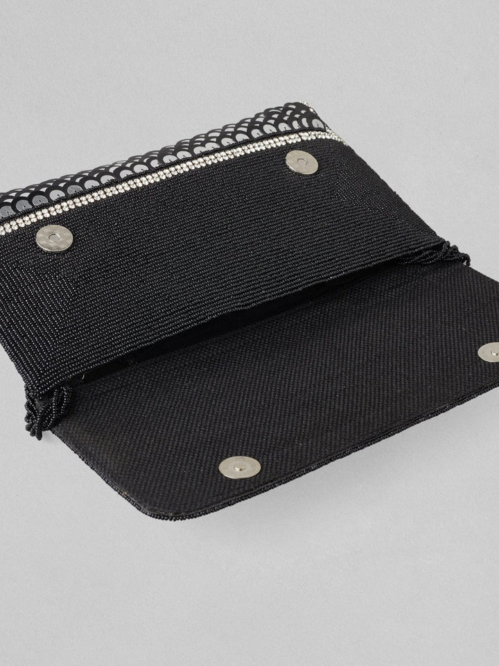 Rubans Silver Colour Clutch With Black Embroided Design. Handbag & Wallet Accessories