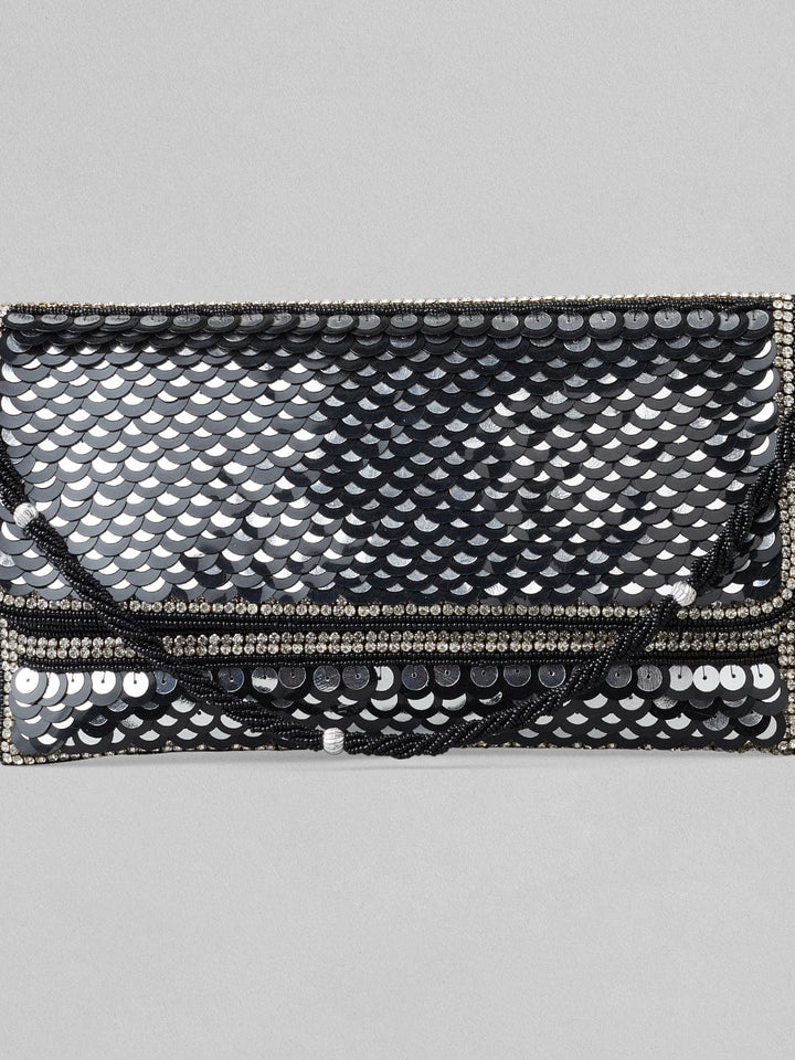 Rubans Silver Colour Clutch With Black Embroided Design. Handbag & Wallet Accessories