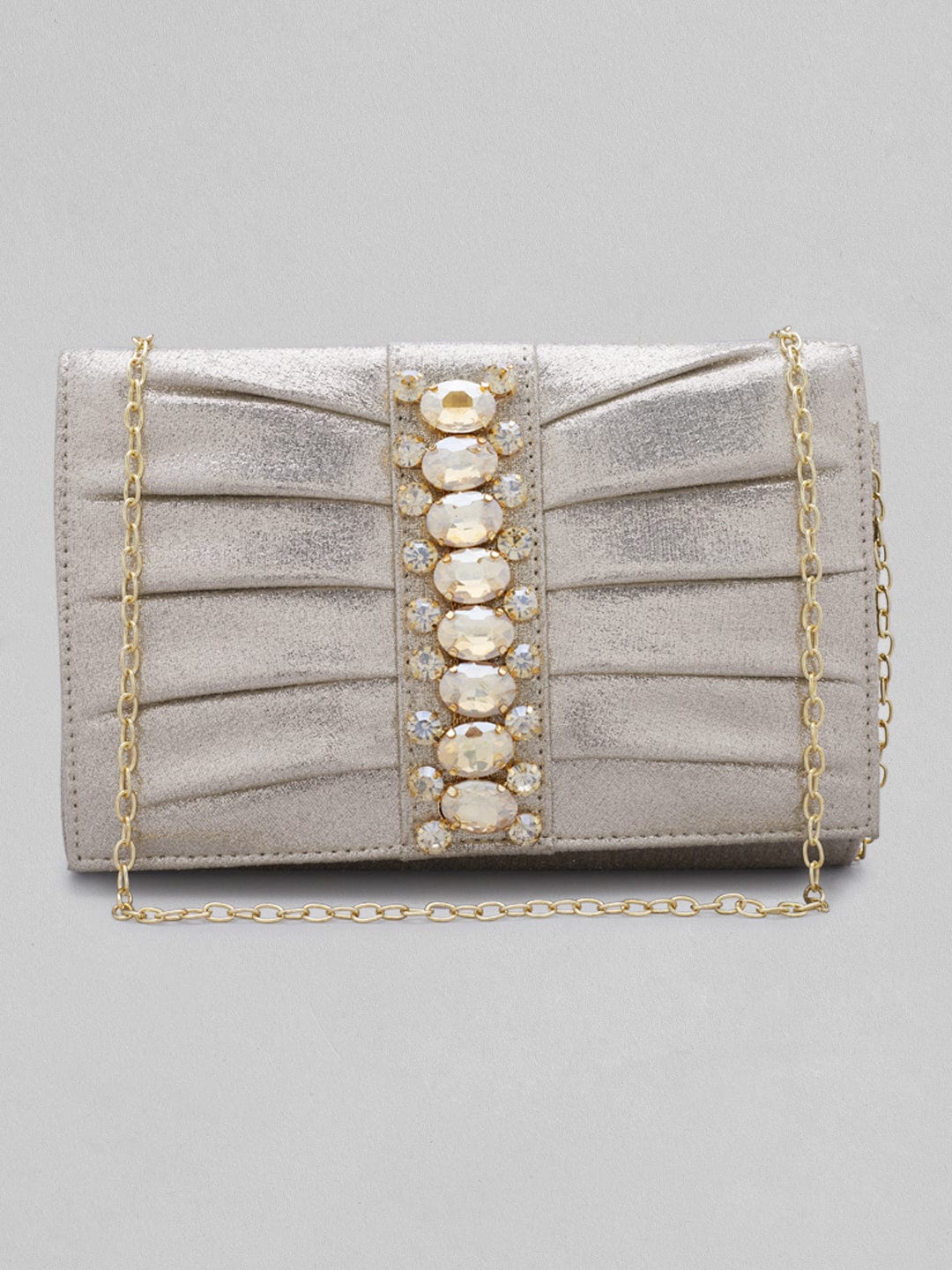 Rubans Silver Coloured Clutch Bag With Studded Stone Design Handbag & Wallet Accessories