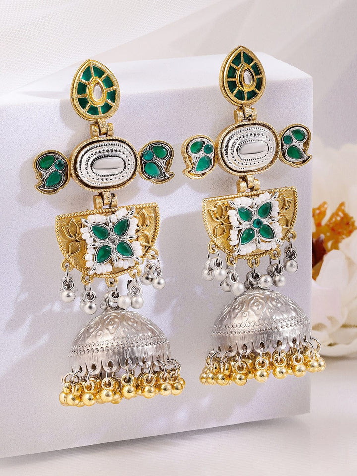 Rubans Silver & Gold Dual-Plated Oxidised Long Emerald Green Stone Jhumka Earrings with Gold & Silver Beads for Women Earrings