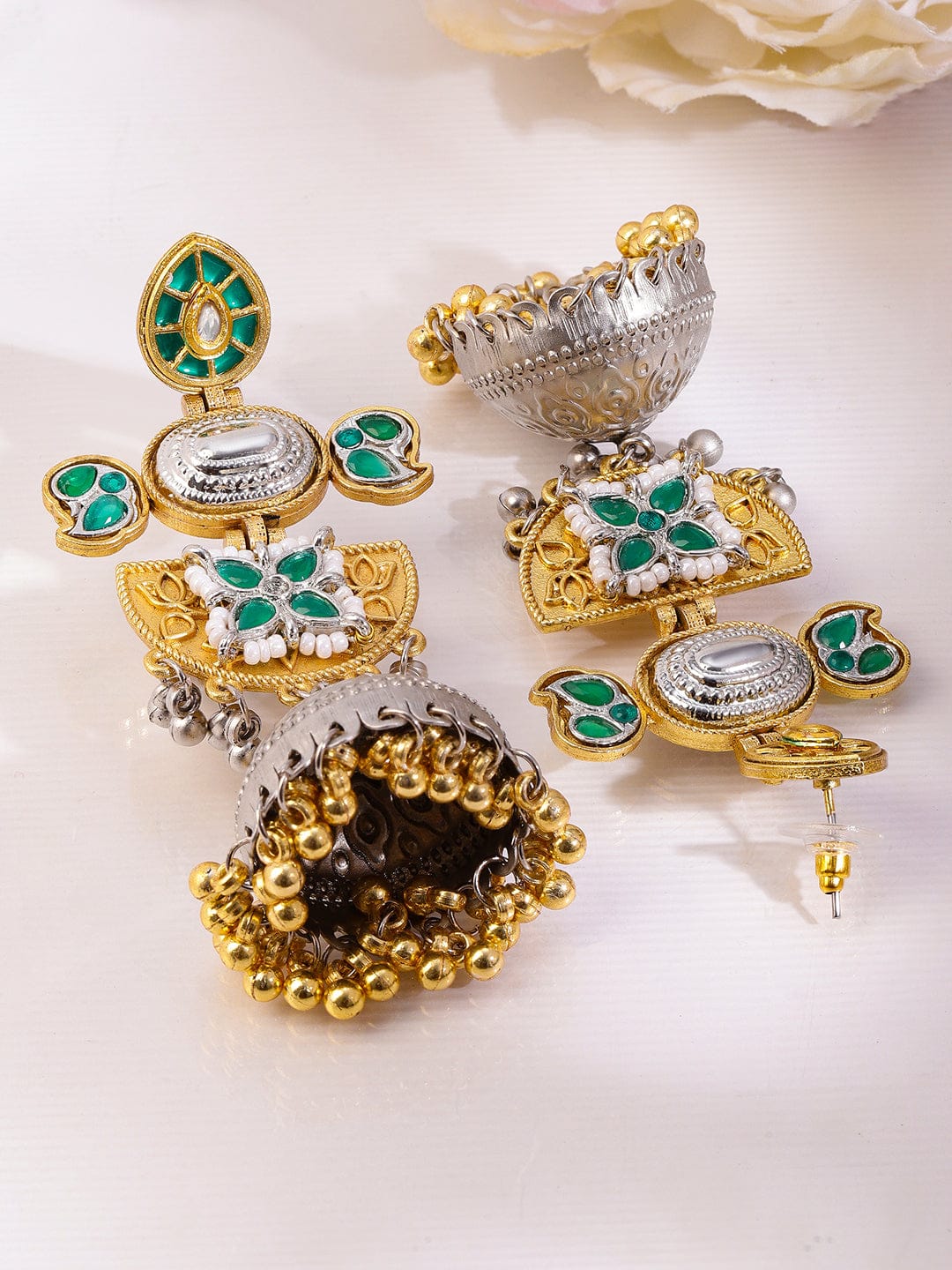 Rubans Silver & Gold Dual-Plated Oxidised Long Emerald Green Stone Jhumka Earrings with Gold & Silver Beads for Women Earrings