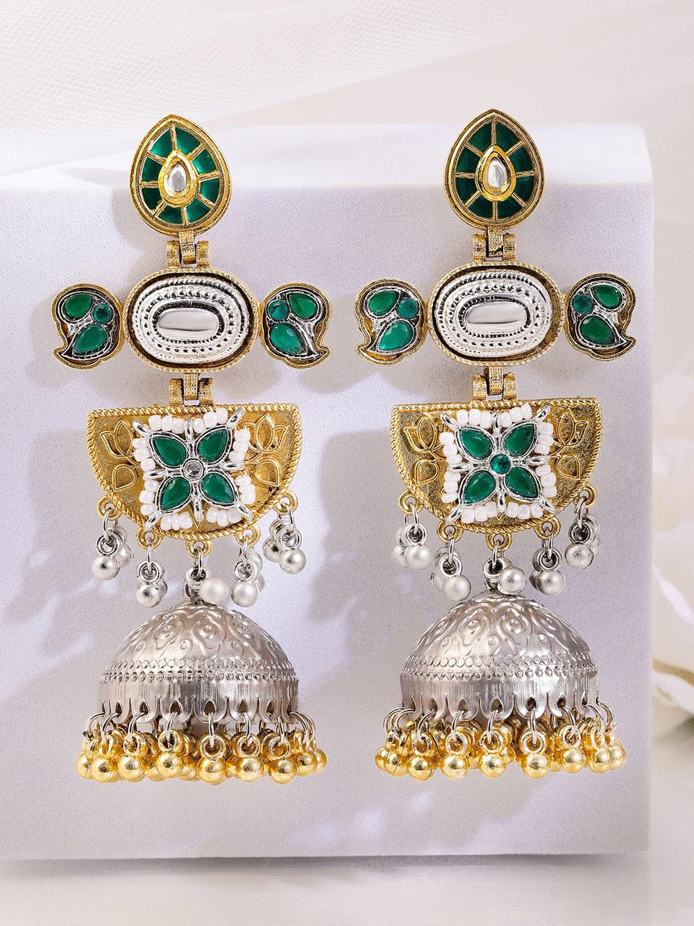 Rubans Silver & Gold Dual-Plated Oxidised Long Emerald Green Stone Jhumka Earrings with Gold & Silver Beads for Women Earrings