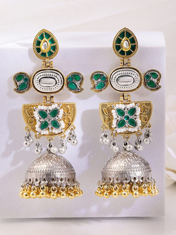 Rubans Silver & Gold Dual-Plated Oxidised Long Emerald Green Stone Jhumka Earrings with Gold & Silver Beads for Women Earrings