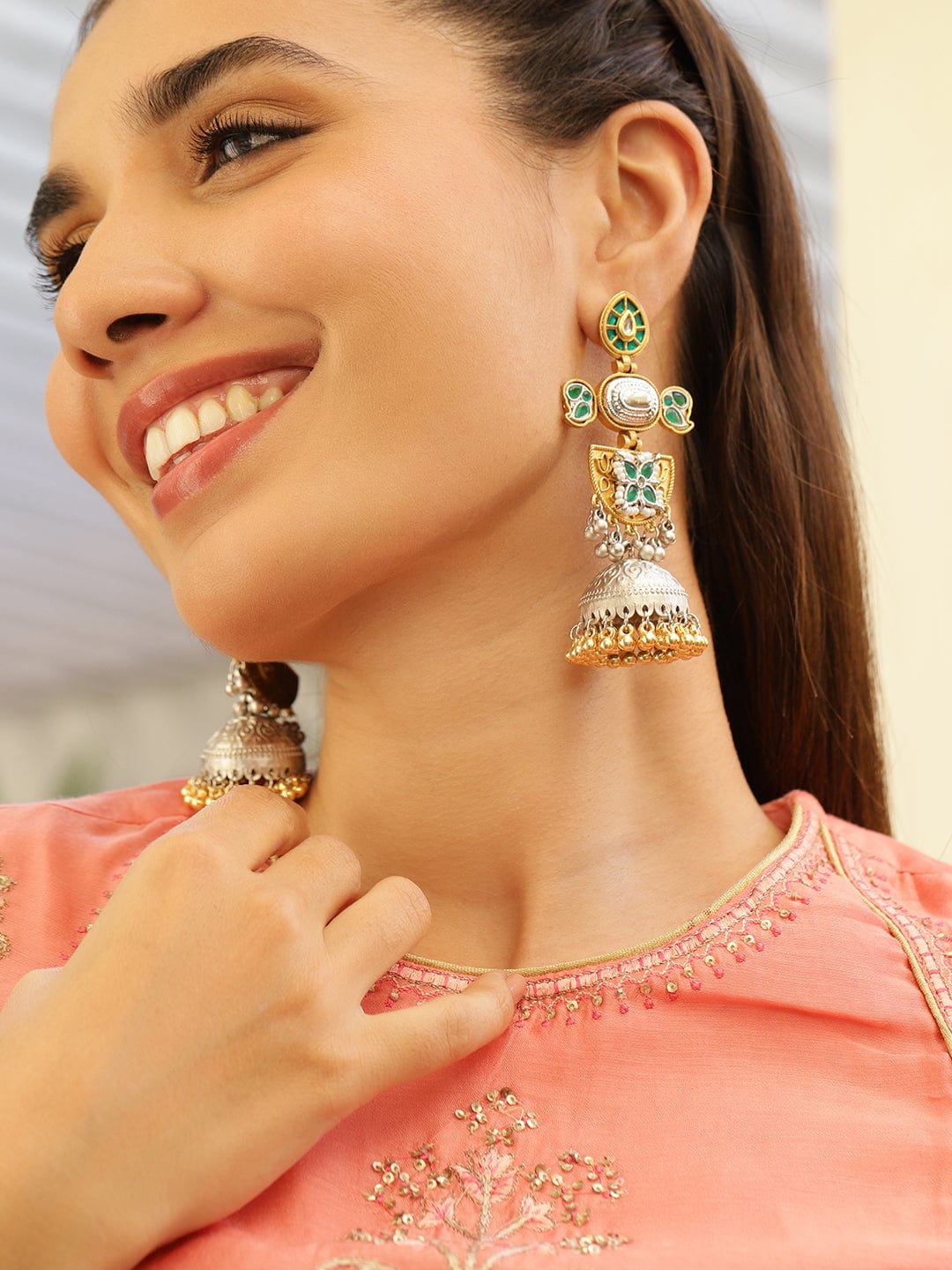 Rubans Silver & Gold Dual-Plated Oxidised Long Emerald Green Stone Jhumka Earrings with Gold & Silver Beads for Women Jhumka Earrings