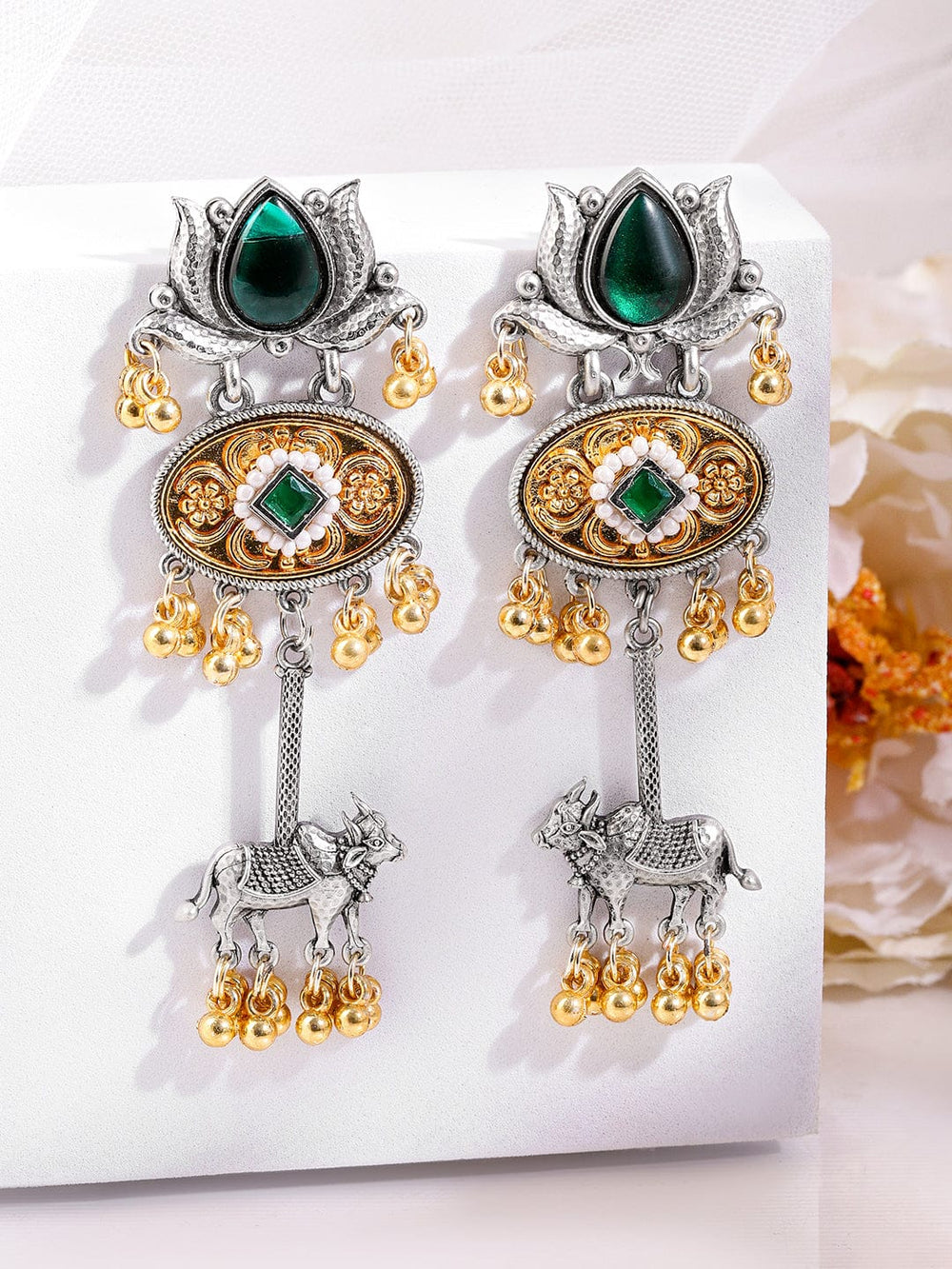 Rubans Silver & Gold Dual-Plated Oxidized Emerald Green Stone Lotus Motif Cow Design Earrings for Women Earrings