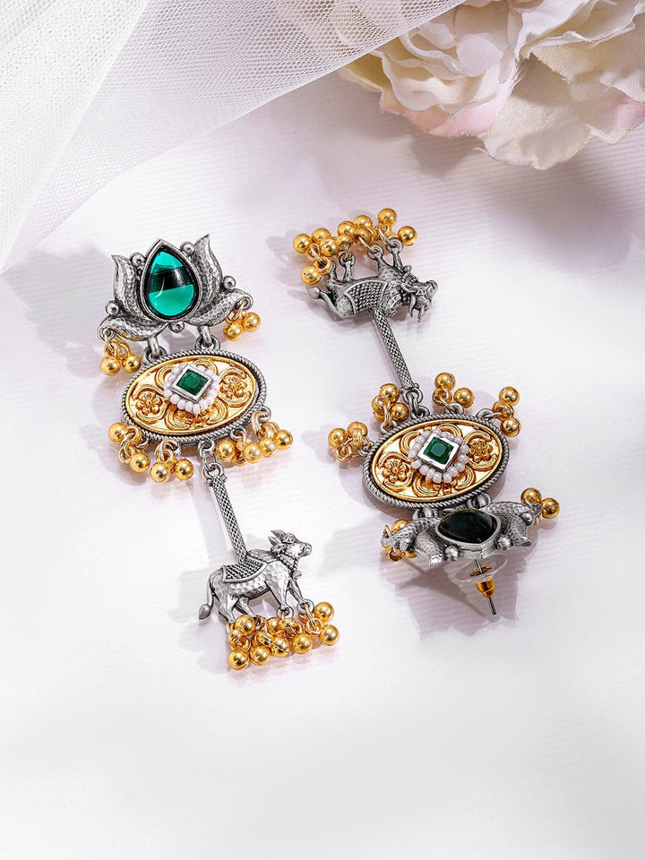 Rubans Silver & Gold Dual-Plated Oxidized Emerald Green Stone Lotus Motif Cow Design Earrings for Women Earrings