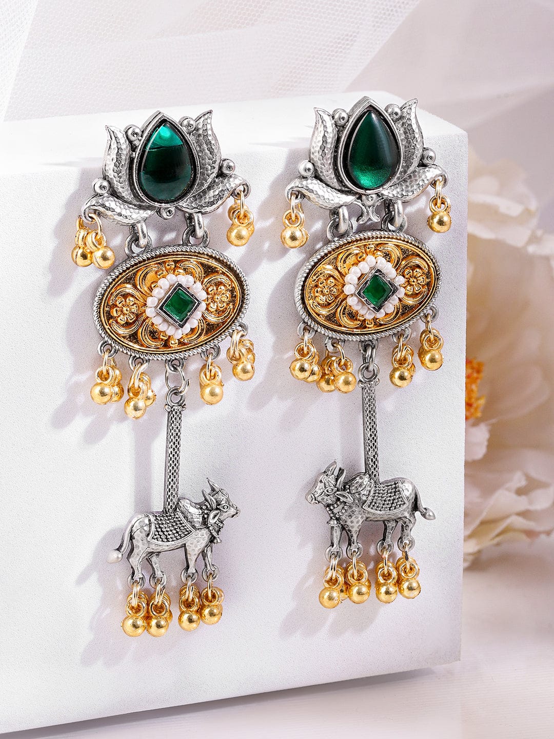 Rubans Silver & Gold Dual-Plated Oxidized Emerald Green Stone Lotus Motif Cow Design Earrings for Women Earrings