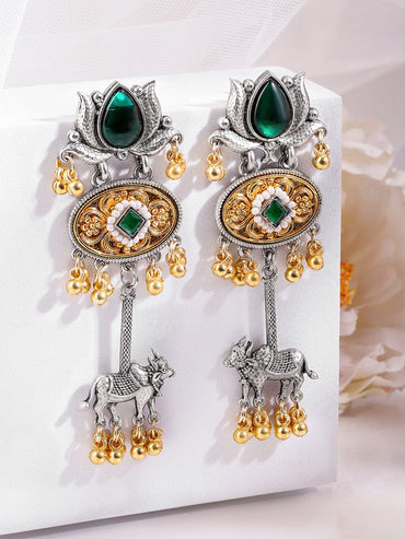 Rubans Silver & Gold Dual-Plated Oxidized Emerald Green Stone Lotus Motif Cow Design Earrings for Women Earrings