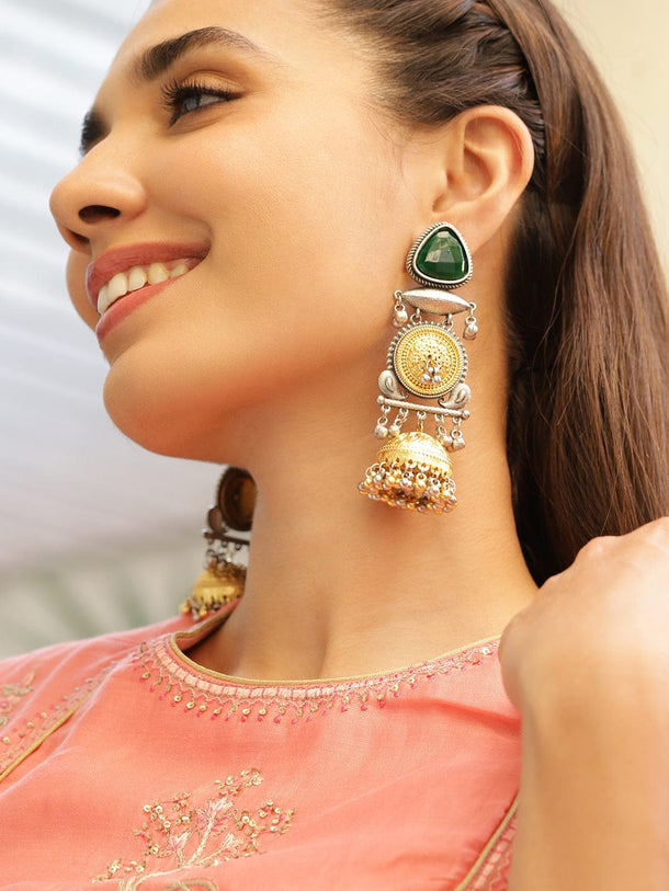 Rubans Silver & Gold Dual-Plated Oxidized Long Emerald Green Stone Jhumka Earrings with Gold & Silver Beads for Women Earrings
