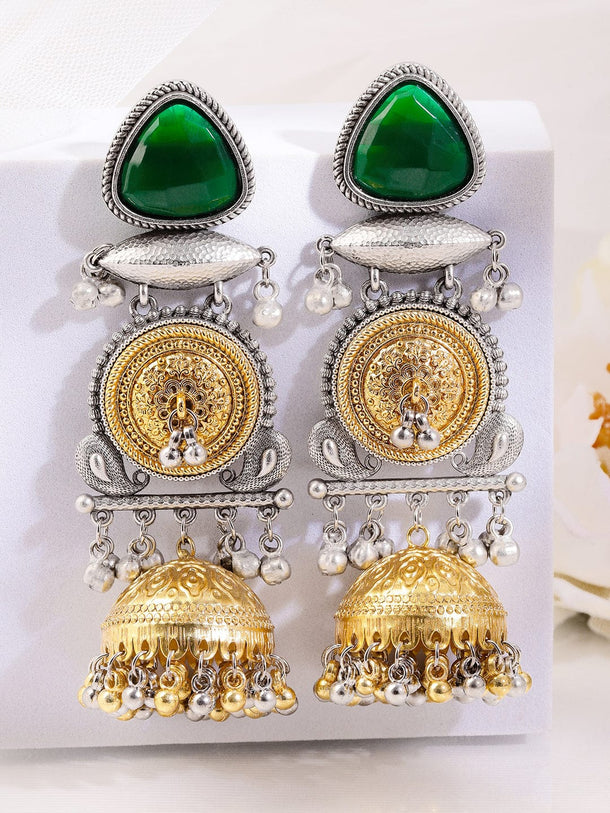 Rubans Silver & Gold Dual-Plated Oxidized Long Emerald Green Stone Jhumka Earrings with Gold & Silver Beads for Women Earrings