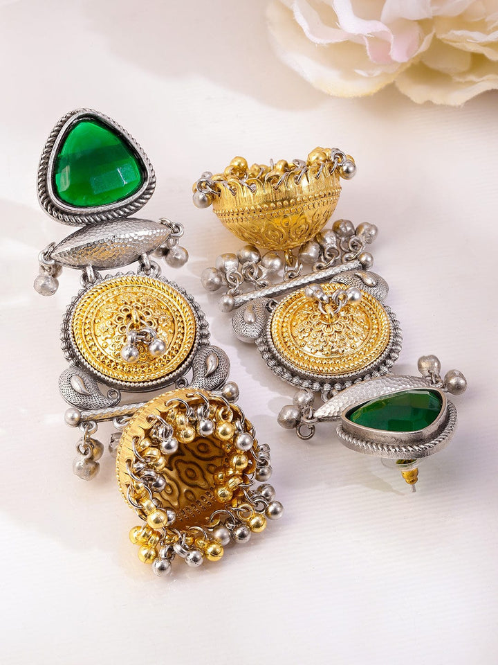 Rubans Silver & Gold Dual-Plated Oxidized Long Emerald Green Stone Jhumka Earrings with Gold & Silver Beads for Women Earrings