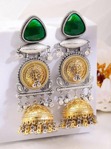 Rubans Silver & Gold Dual-Plated Oxidized Long Emerald Green Stone Jhumka Earrings with Gold & Silver Beads for Women Earrings