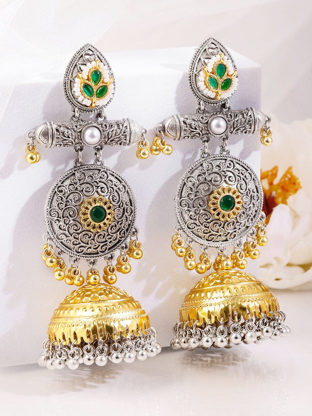 Rubans Silver & Gold Dual-Plated Oxidized Long Emerald Green Stone with Gold & Silver Beads Jhumka Earrings Earrings