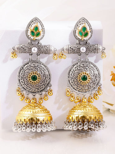 Rubans Silver & Gold Dual-Plated Oxidized Long Emerald Green Stone with Gold & Silver Beads Jhumka Earrings Earrings