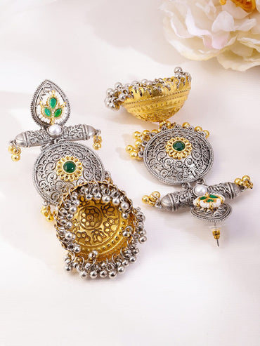 Rubans Silver & Gold Dual-Plated Oxidized Long Emerald Green Stone with Gold & Silver Beads Jhumka Earrings Earrings