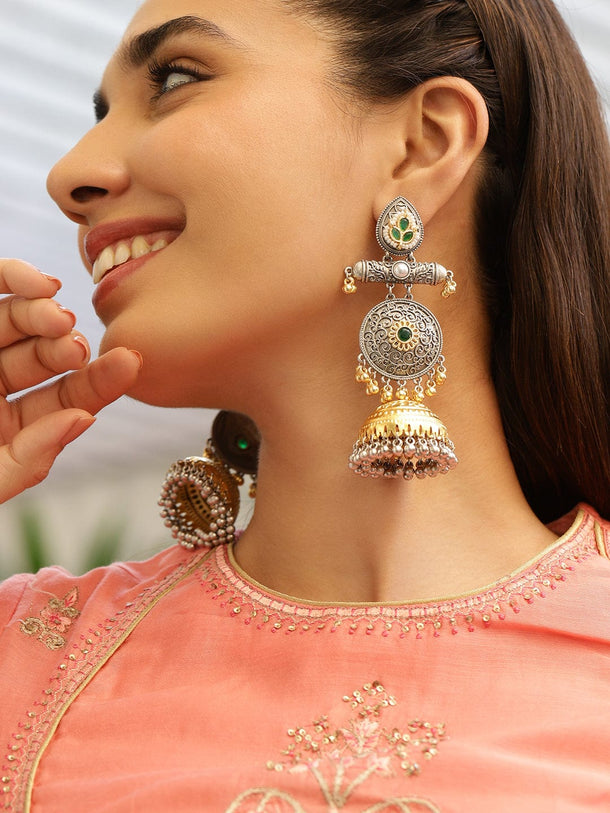 Rubans Silver & Gold Dual-Plated Oxidized Long Emerald Green Stone with Gold & Silver Beads Jhumka Earrings Jhumka Earrings