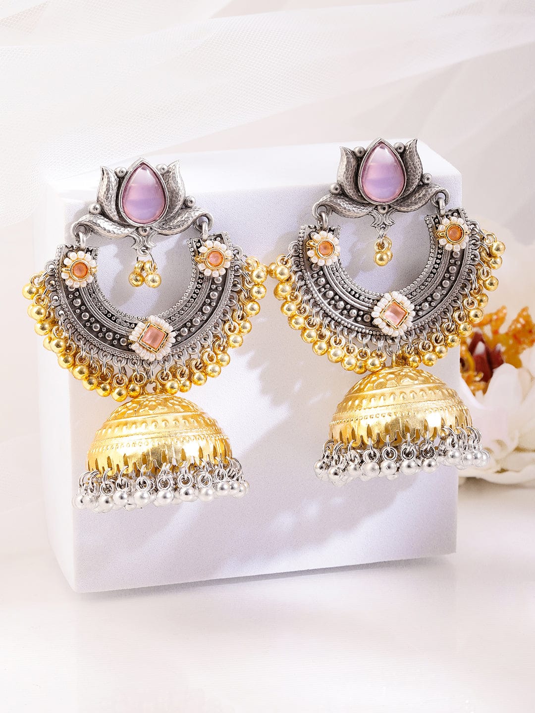Rubans Silver & Gold Dual-Plated Oxidized Long Lotus Motif Pink Stone Jhumka Earrings for Women Earrings