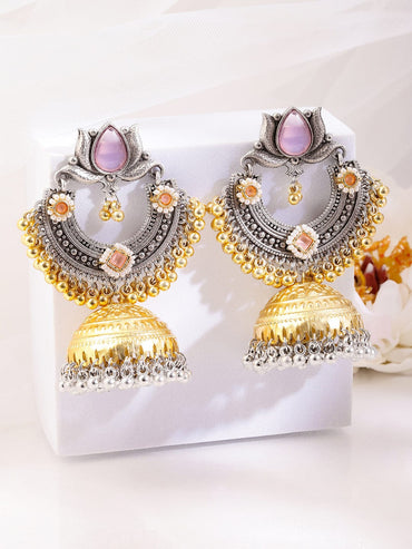 Rubans Silver & Gold Dual-Plated Oxidized Long Lotus Motif Pink Stone Jhumka Earrings for Women Earrings