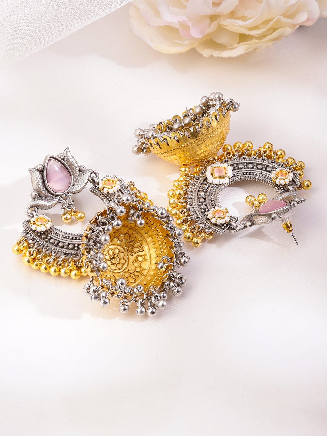 Rubans Silver & Gold Dual-Plated Oxidized Long Lotus Motif Pink Stone Jhumka Earrings for Women Earrings