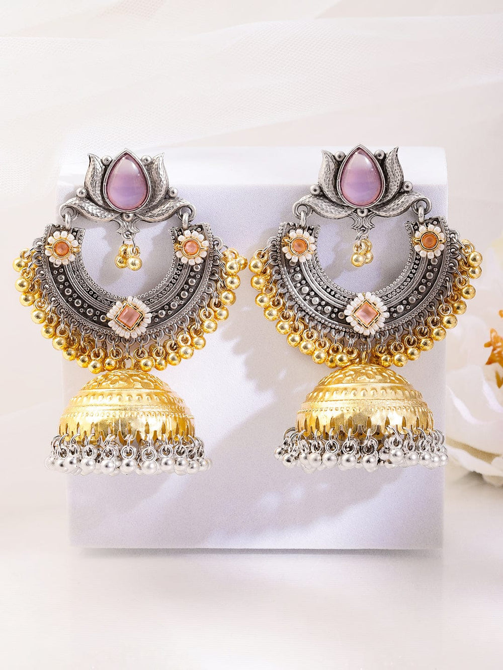 Rubans Silver & Gold Dual-Plated Oxidized Long Lotus Motif Pink Stone Jhumka Earrings for Women Earrings