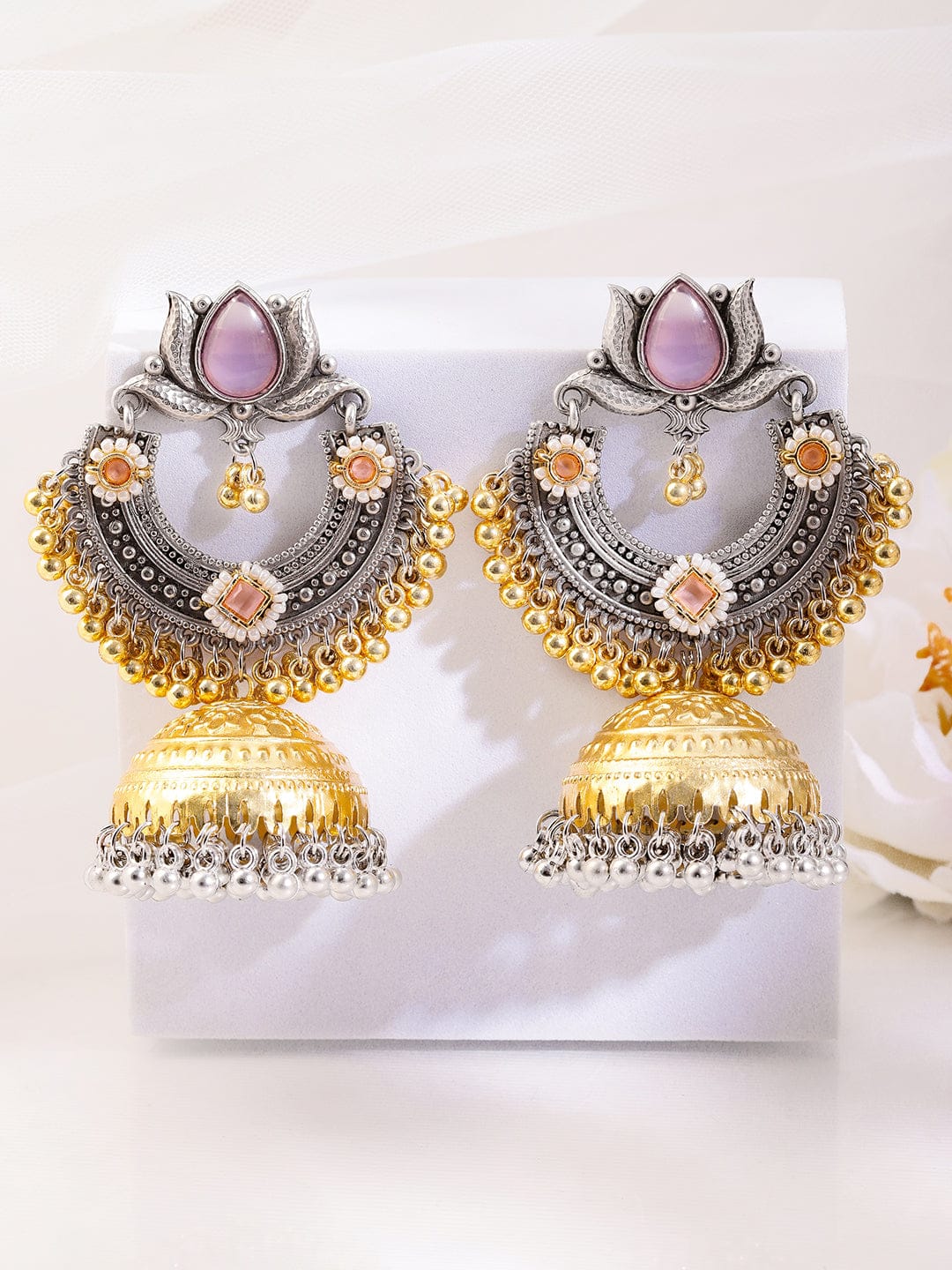 Rubans Silver & Gold Dual-Plated Oxidized Long Lotus Motif Pink Stone Jhumka Earrings for Women Earrings