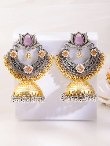 Rubans Silver & Gold Dual-Plated Oxidized Long Lotus Motif Pink Stone Jhumka Earrings for Women Earrings