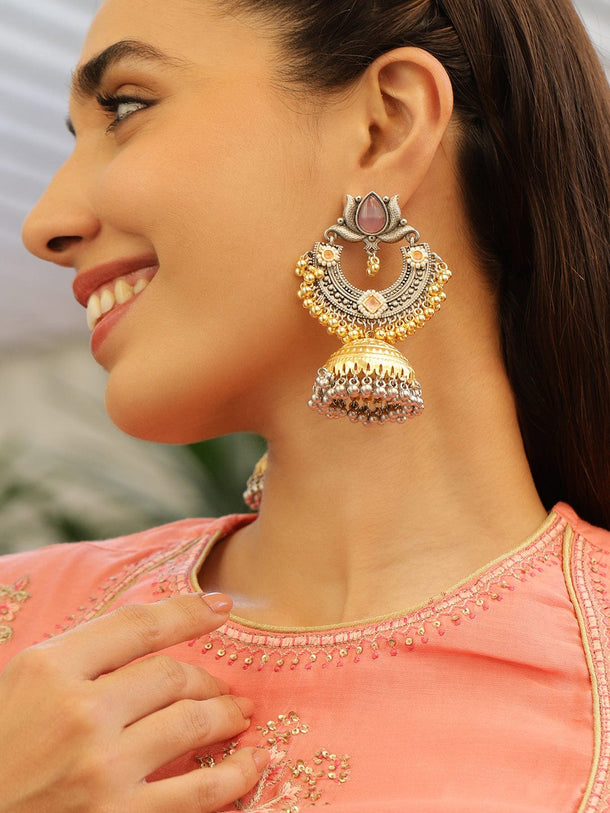 Rubans Silver & Gold Dual-Plated Oxidized Long Lotus Motif Pink Stone Jhumka Earrings for Women Jhumka Earrings