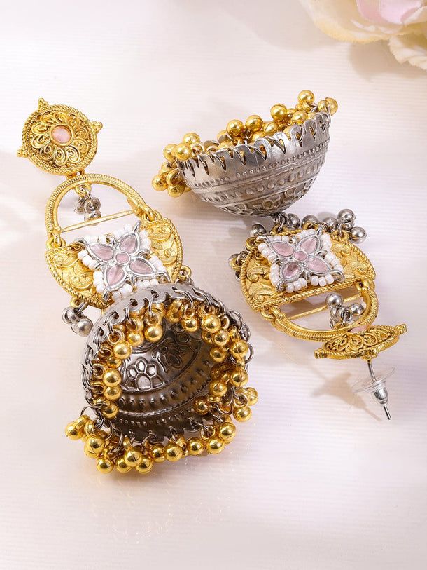 Rubans Silver & Gold Dual-Plated Oxidized Long Pink Stone with Gold & Silver Beads Jhumka Earrings Earrings