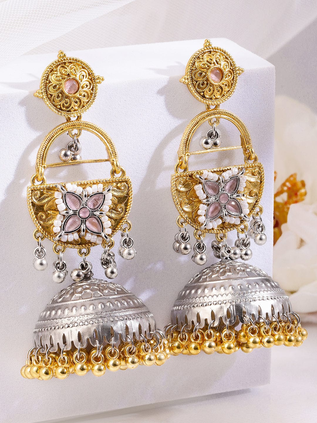 Rubans Silver & Gold Dual-Plated Oxidized Long Pink Stone with Gold & Silver Beads Jhumka Earrings Earrings