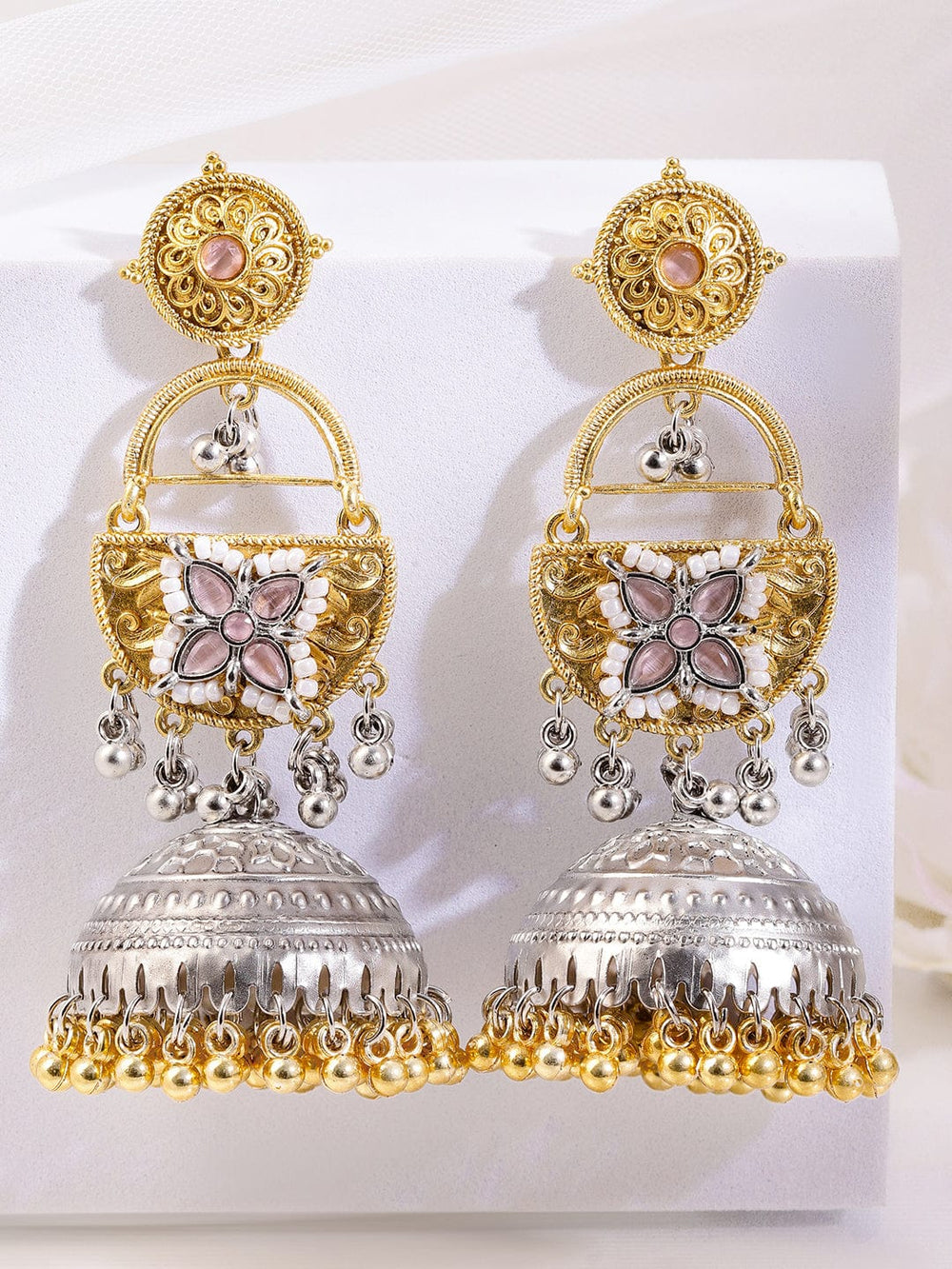 Rubans Silver & Gold Dual-Plated Oxidized Long Pink Stone with Gold & Silver Beads Jhumka Earrings Earrings