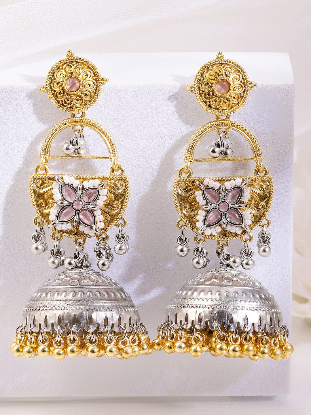 Rubans Silver & Gold Dual-Plated Oxidized Long Pink Stone with Gold & Silver Beads Jhumka Earrings Earrings