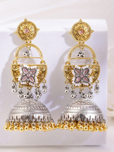 Rubans Silver & Gold Dual-Plated Oxidized Long Pink Stone with Gold & Silver Beads Jhumka Earrings Earrings