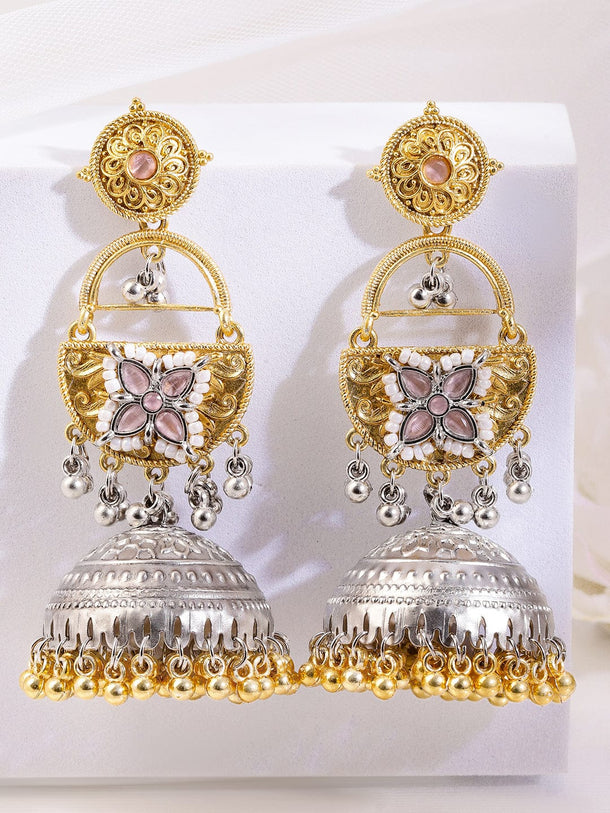 Rubans Silver & Gold Dual-Plated Oxidized Long Pink Stone with Gold & Silver Beads Jhumka Earrings Earrings