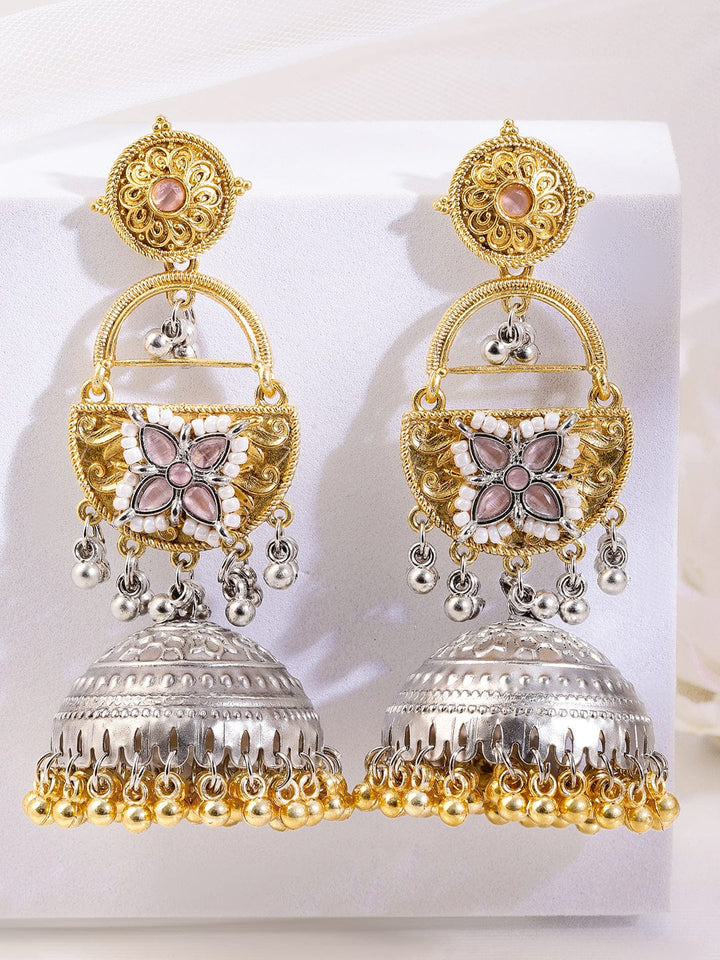 Rubans Silver & Gold Dual-Plated Oxidized Long Pink Stone with Gold & Silver Beads Jhumka Earrings Earrings