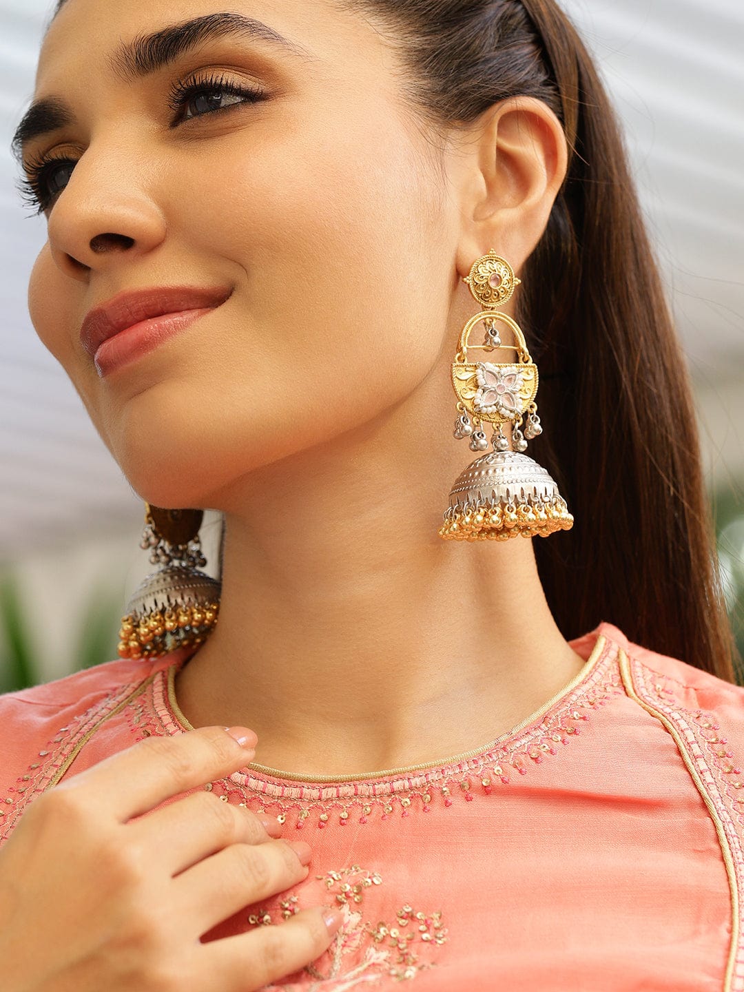 Rubans Silver & Gold Dual-Plated Oxidized Long Pink Stone with Gold & Silver Beads Jhumka Earrings Jhumka Earrings