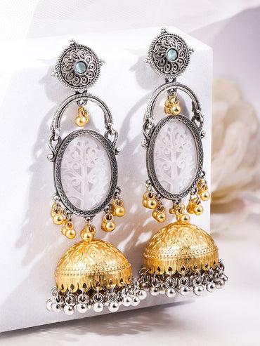 Rubans Silver & Gold Dual-Plated Oxidized Long Tree Motif Engraved Dome Jhumka Earrings for Women Earrings