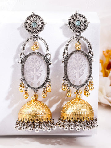 Rubans Silver & Gold Dual-Plated Oxidized Long Tree Motif Engraved Dome Jhumka Earrings for Women Earrings