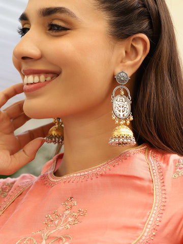 Rubans Silver & Gold Dual-Plated Oxidized Long Tree Motif Engraved Dome Jhumka Earrings for Women Jhumka Earrings