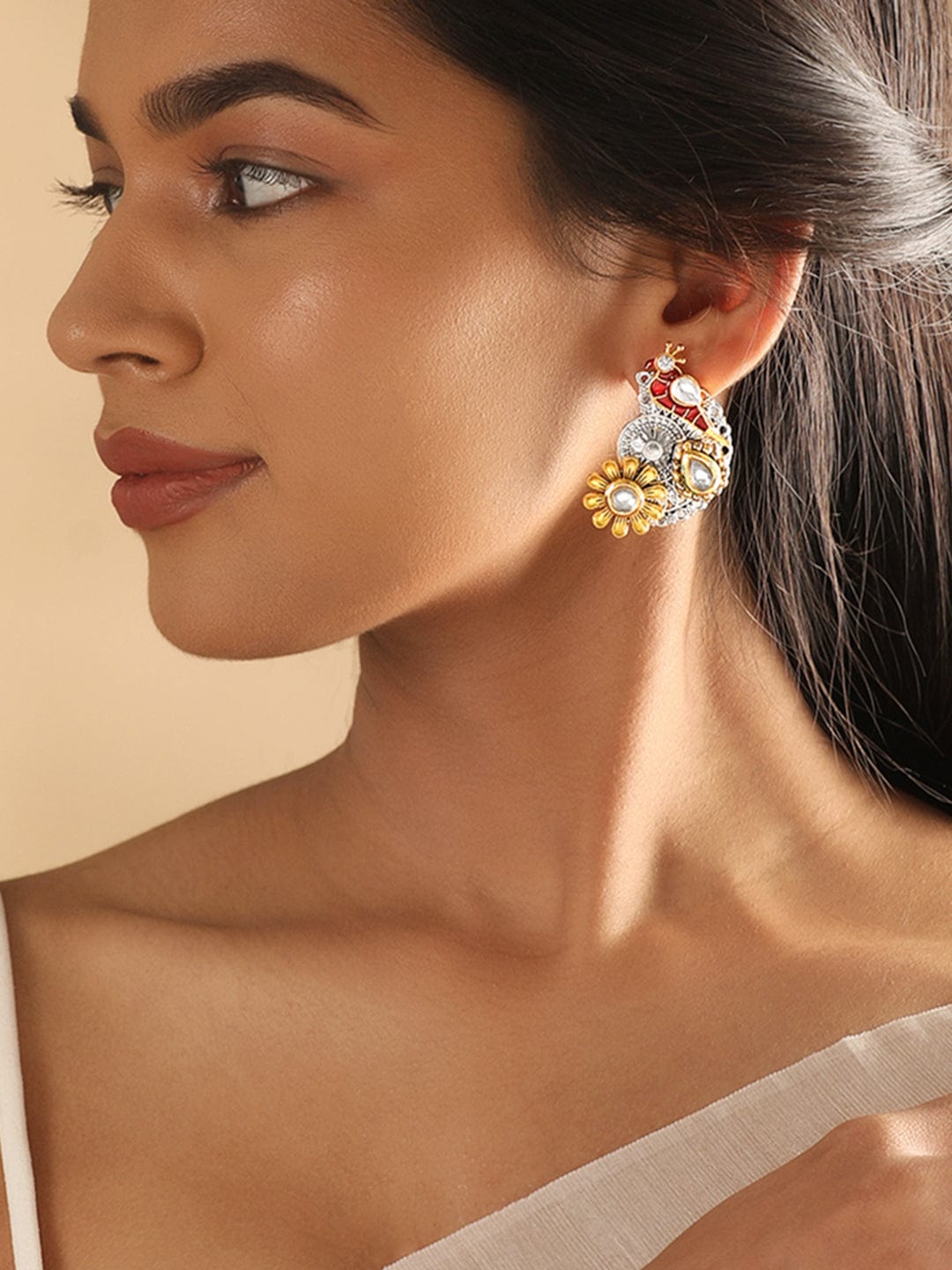 Rubans Silver & Gold Plated Kundan Studded Red Enemal Stud Earring Earrings