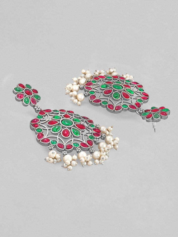 Rubans Silver Oxidised Drop Earrings With Pink And Green Stones Earrings