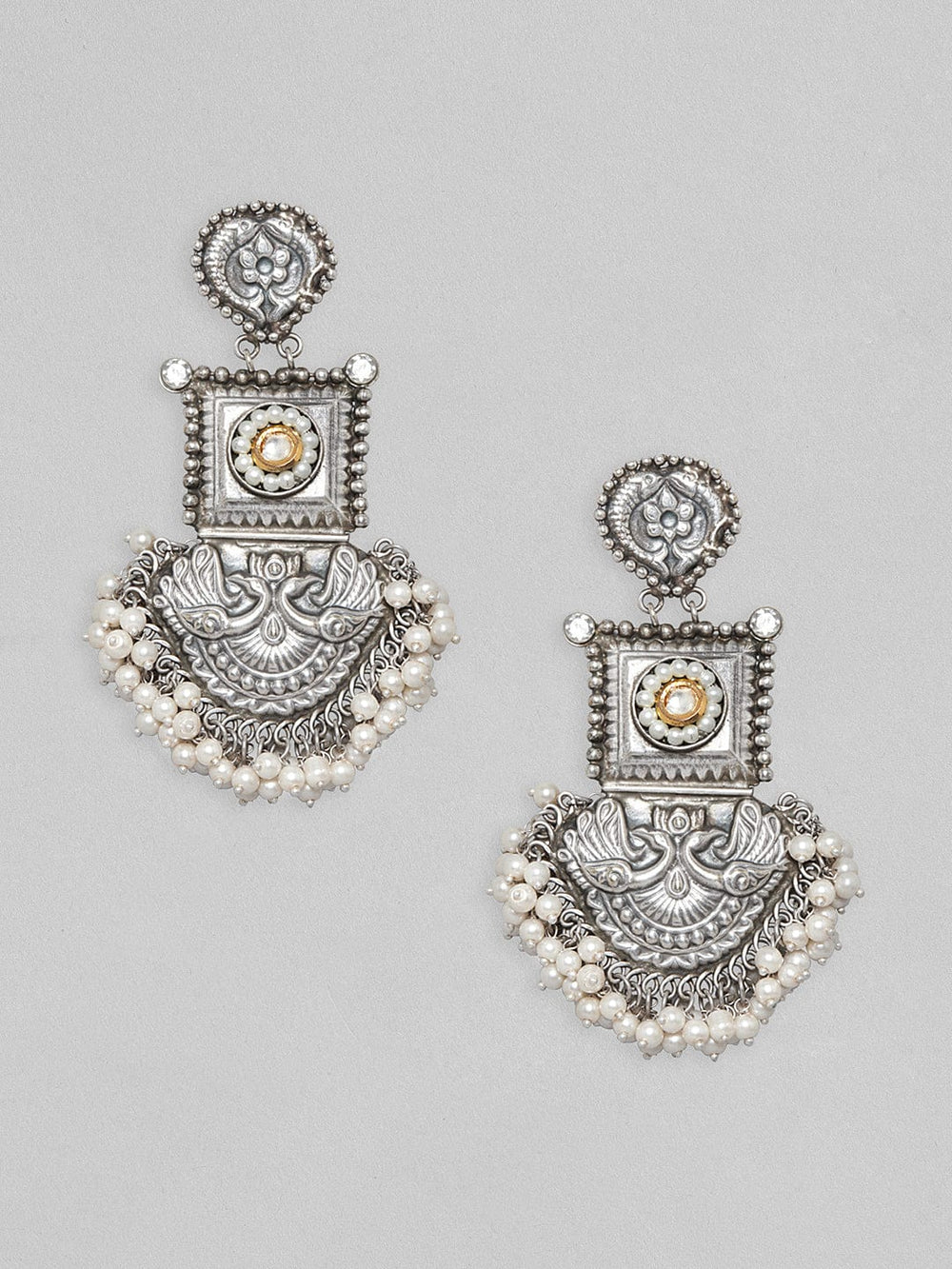 Rubans Silver Oxidised Earrings With Peacock Design And White Beads Earrings