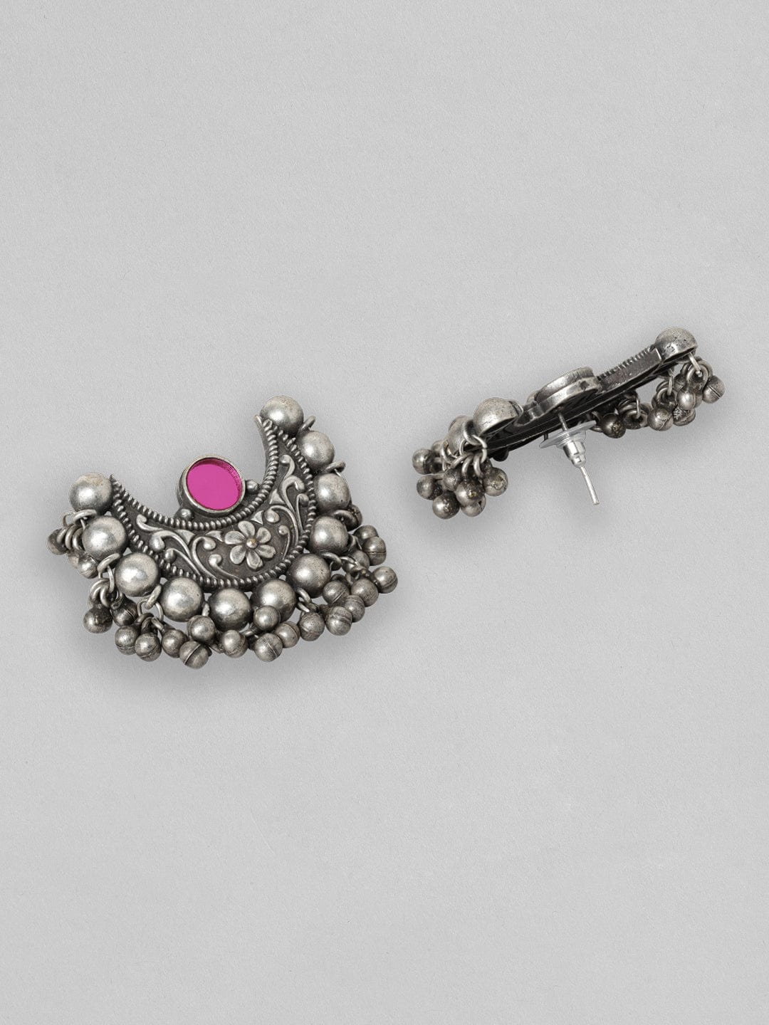 Rubans Silver Oxidised Earrings With Pink Stone And Silver Beads Earrings