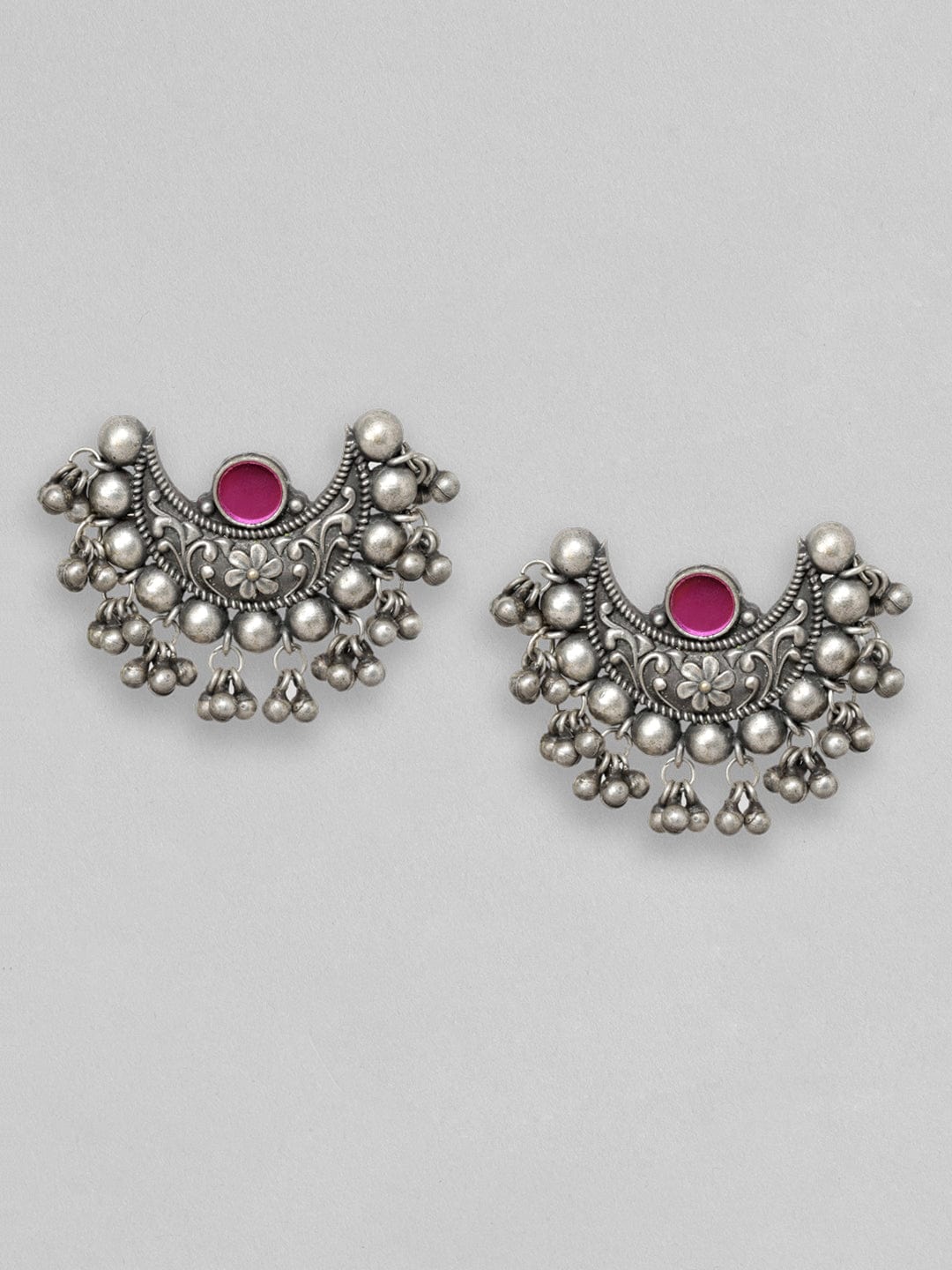 Rubans Silver Oxidised Earrings With Pink Stone And Silver Beads Earrings