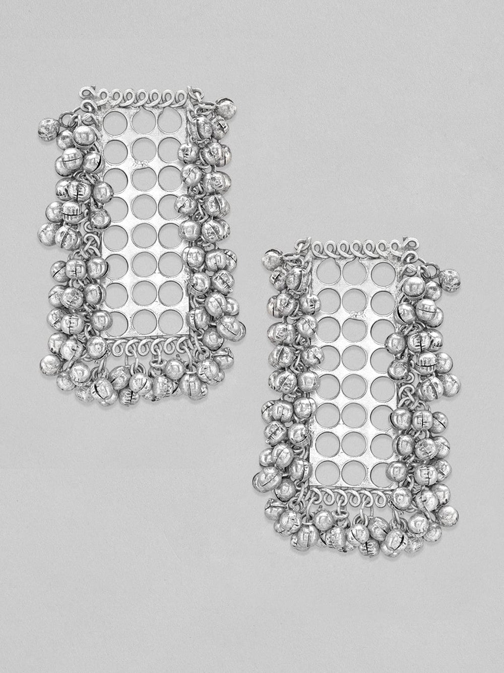 Rubans Silver Oxidised Earrings With Square Design And Silver Beads Earrings