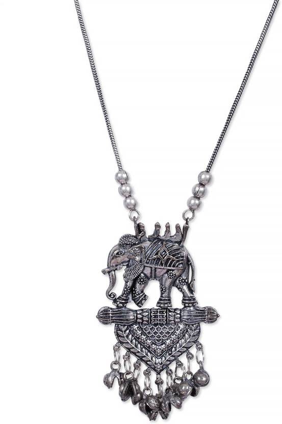 Rubans Silver Oxidised Handcrafted Elephant Pendant Necklace Chain & Necklaces