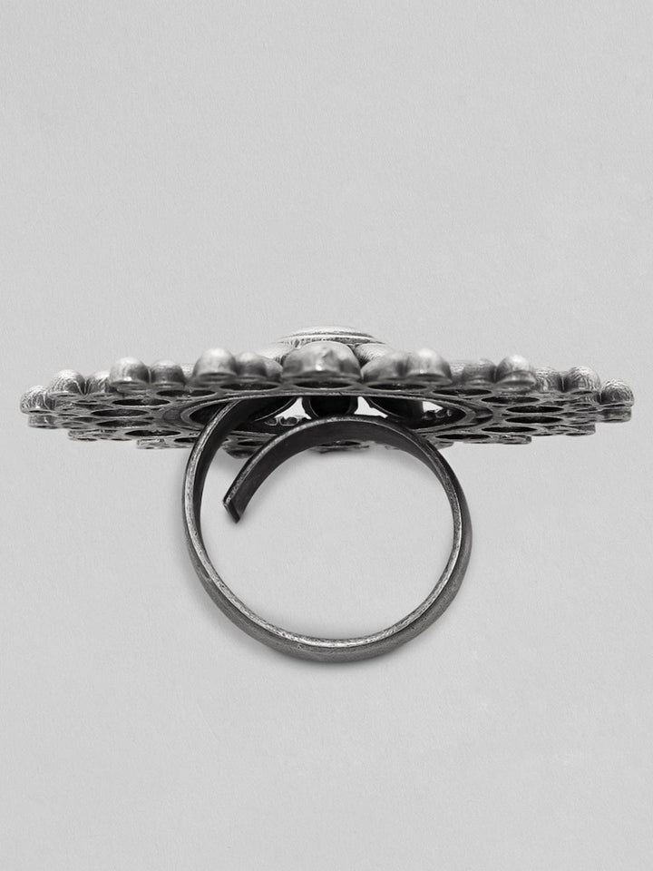 Rubans Silver Oxidised Intricately Handcrafted Ring With Beautiful Design Earrings