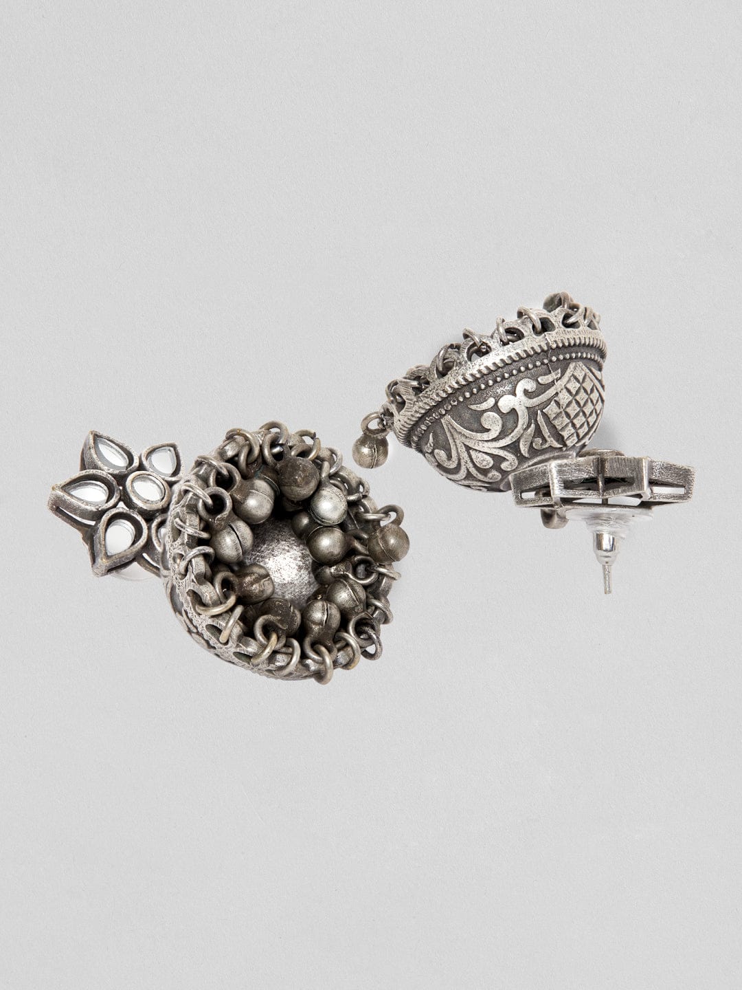 Rubans Silver Oxidised Jhumka Earrings With Studded Mirror Design Earrings