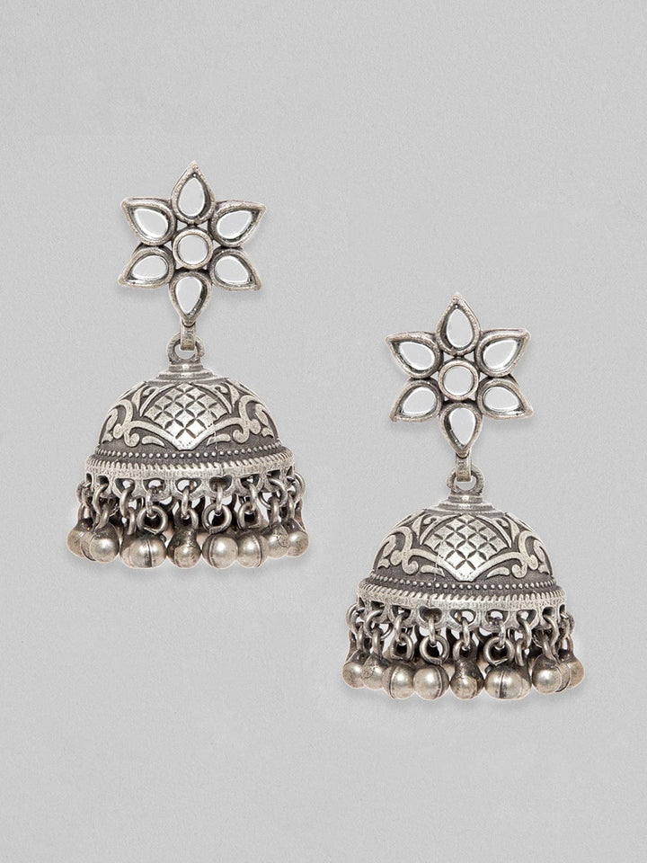 Rubans Silver Oxidised Jhumka Earrings With Studded Mirror Design Earrings