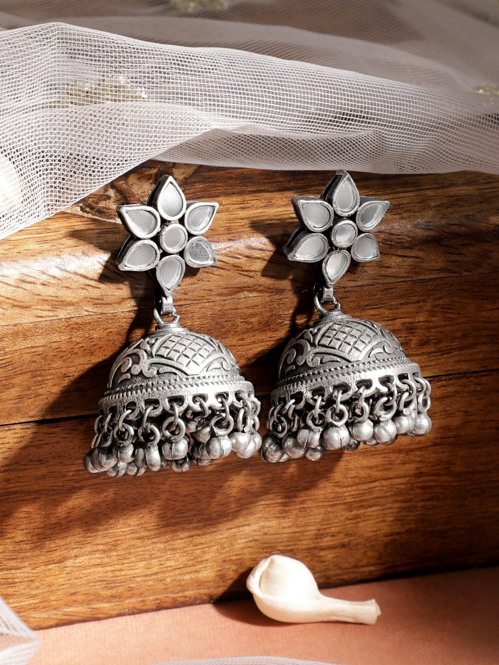 Rubans Silver Oxidised Jhumka Earrings With Studded Mirror Design Earrings