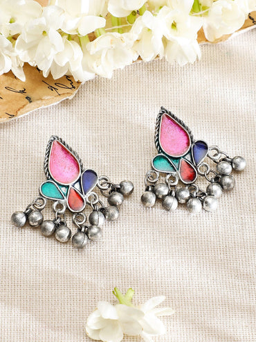 Rubans Silver Oxidised Necklace Set With Multicolour Enamel Jewellery Set